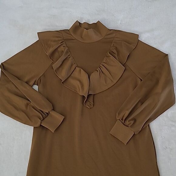 Who What Wear Women's Small Shirt Dress Brown Ruffle Long Sleeve Mock Neck Boho - Picture 4 of 16